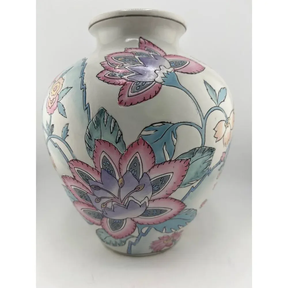 Vintage Chinoiserie‎ Floral Vase Vintage 90s Pink Blue Bold Flowers